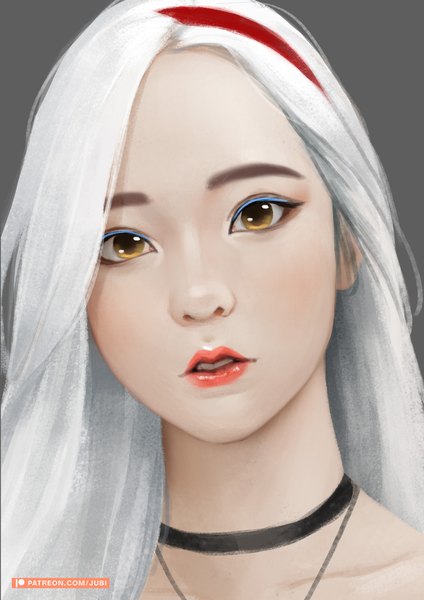 Anime picture 2480x3508 with original mio (jubi) jubi (regiana) single long hair tall image looking at viewer highres signed yellow eyes white hair parted lips realistic grey background lipstick portrait eyeshadow red lipstick girl uniform