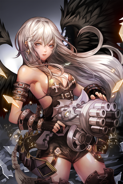 Anime picture 740x1110 with devil maker apollo (devil maker) dapang single long hair tall image looking at viewer fringe breasts light erotic blonde hair standing bare shoulders lips mole grey eyes sleeveless mole under eye black wings girl