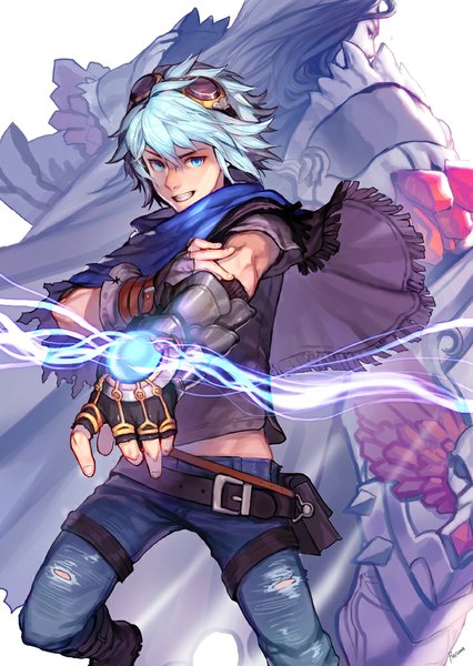 Anime picture 711x1001 with league of legends ezreal (league of legends) taric (league of legends) racoona long hair tall image looking at viewer short hair blue eyes black hair smile blue hair boy belt goggles clothes shield