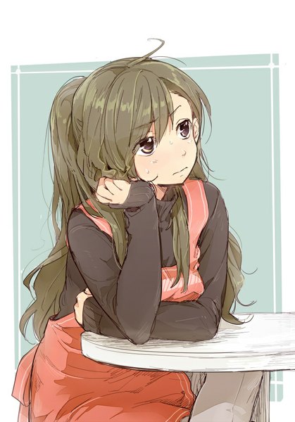 Anime picture 700x1003 with original kawai makoto single long hair tall image blush brown hair brown eyes looking away ahoge arm support sweat girl apron sweater table
