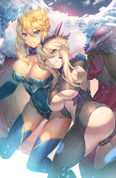 Anime picture 526x800 with fate (series) fate/grand order artoria pendragon (all) artoria pendragon (lancer alter) artoria pendragon (lancer) yoshimoto (dear life) long hair tall image fringe breasts blue eyes light erotic blonde hair hair between eyes large breasts multiple girls yellow eyes cleavage ass copyright name