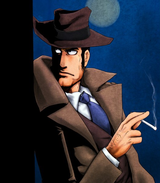 Anime picture 1400x1600 with lupin iii zenigata kouichi ledjoker07 tall image short hair black hair black eyes smoke smoking hat necktie suit cigarette