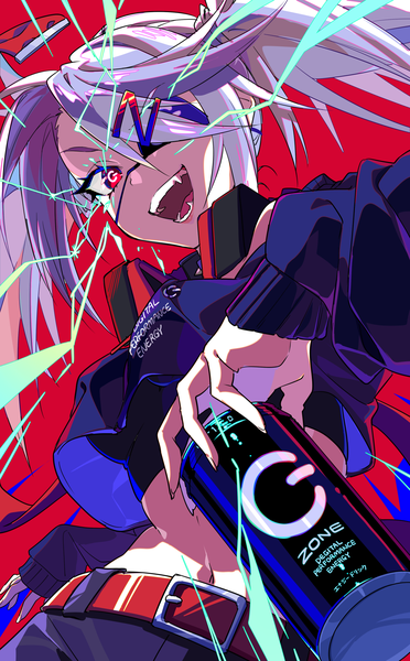 Anime picture 1240x2000 with original dive to zone zonko yuigahama (user nevh3547) single long hair tall image open mouth simple background red eyes twintails silver hair :d teeth from below midriff symbol-shaped pupils red background girl belt