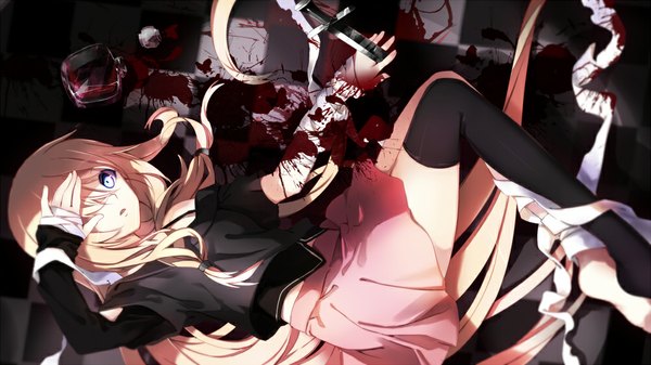 Anime picture 1000x562 with vocaloid ia (vocaloid) yuuki kira single long hair blue eyes blonde hair wide image lying girl thighhighs skirt black thighhighs miniskirt blood bandage (bandages) knife pink skirt