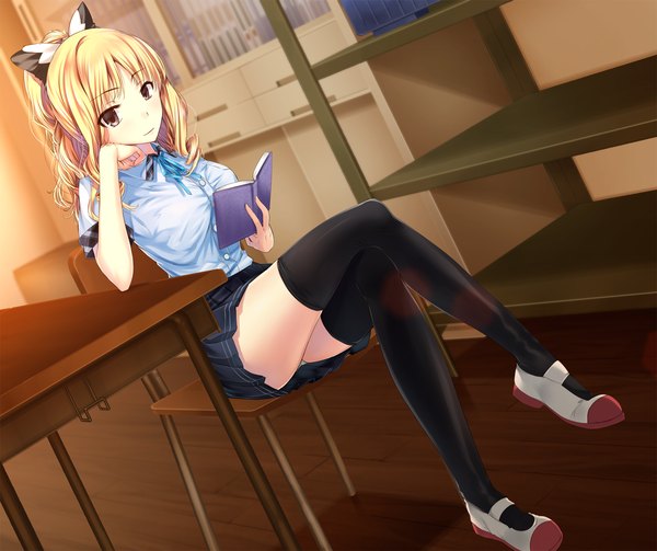 Anime picture 1710x1434 with ayame no machi to ohimesama naruko ran kazuharu kina single long hair looking at viewer highres breasts blonde hair large breasts sitting brown eyes game cg ponytail arm support zettai ryouiki crossed legs girl thighhighs uniform