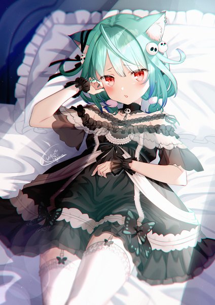 Anime picture 1158x1637 with virtual youtuber hololive uruha rushia uruha rushia (3rd costume) luna (mi-chanman) single tall image looking at viewer fringe short hair breasts open mouth red eyes twintails signed animal ears indoors lying nail polish green hair