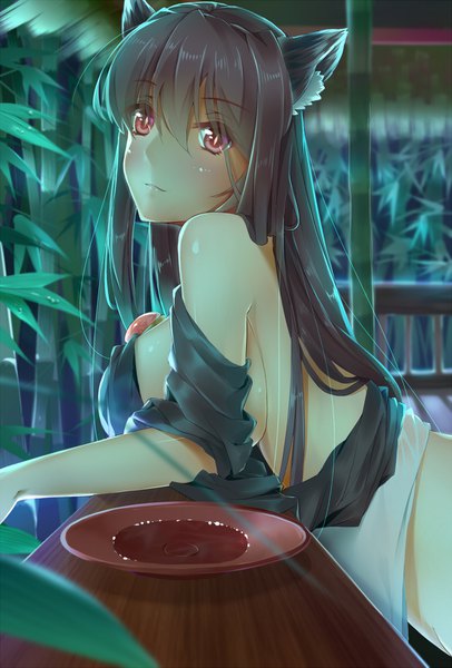 Anime picture 1164x1718 with touhou imaizumi kagerou xuanlin jingshuang single long hair tall image looking at viewer blush light erotic brown eyes animal ears pink eyes off shoulder open clothes arm support fox ears sideboob back fox girl arched back