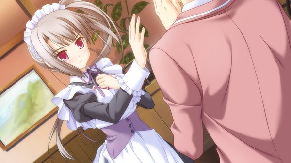 Anime picture 1920x1080 with canvas 4 (game) amakusa tobari long hair highres red eyes wide image game cg silver hair grey hair maid girl headdress maid headdress