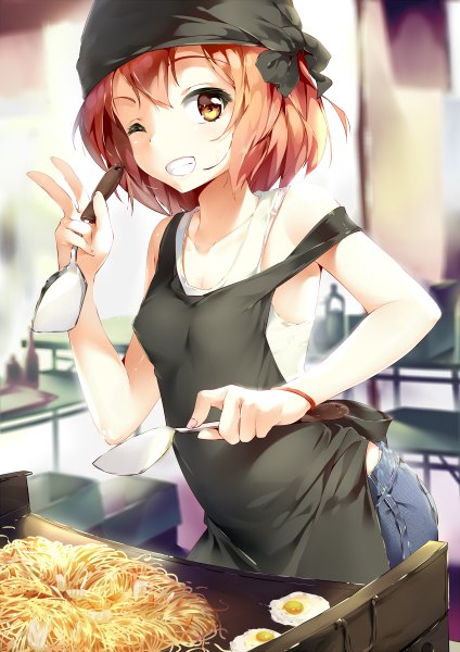 Anime picture 848x1200 with original shuffle (songdatiankong) single tall image looking at viewer blush fringe short hair smile brown hair standing bare shoulders holding brown eyes upper body one eye closed teeth sweat grin victory