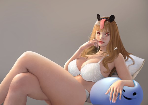 Anime picture 1754x1240 with original ebmal (jubi) jubi (regiana) single long hair looking at viewer fringe highres breasts light erotic simple background red eyes brown hair signed lying realistic grey background on back underwear only huge breasts