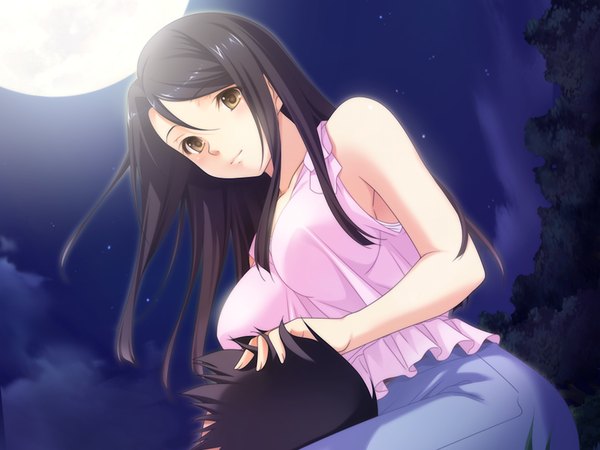 Anime picture 1024x768 with fluorite memories long hair black hair brown eyes game cg night girl moon