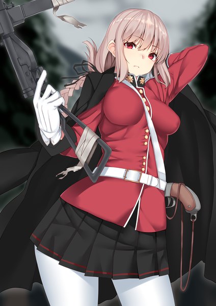 Anime picture 2894x4093 with fate (series) fate/grand order florence nightingale (fate) nebusoku single long hair tall image looking at viewer highres breasts red eyes payot pink hair braid (braids) pleated skirt arm behind head clothes on shoulders military trigger discipline girl