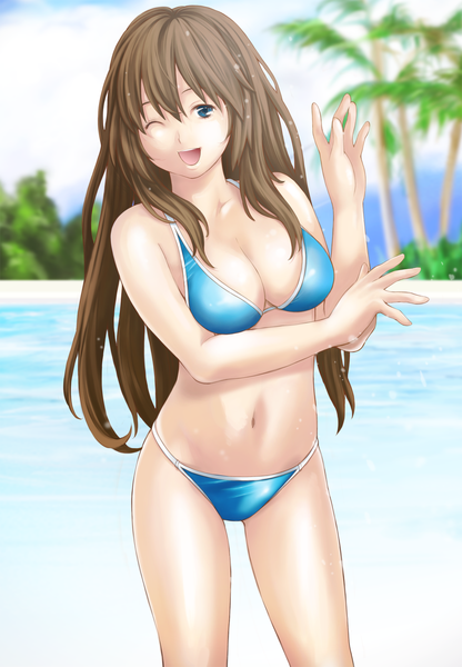 Anime picture 1218x1754 with original mag sys (artist) single long hair tall image open mouth blue eyes light erotic brown hair cleavage one eye closed wink girl navel swimsuit plant (plants) bikini tree (trees) palm tree