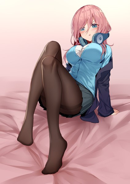 Anime picture 800x1132 with go-toubun no hanayome nakano miku bison cangshu single long hair tall image looking at viewer blush fringe breasts blue eyes light erotic simple background hair between eyes large breasts sitting pink hair full body bent knee (knees) head tilt