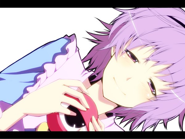 Anime picture 1200x900 with touhou komeiji satori kurokuro single short hair simple background smile white background purple eyes purple hair letterboxed girl eyeball