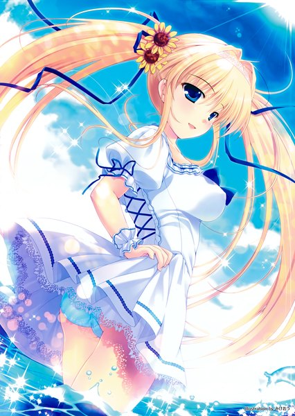 Anime picture 2483x3500 with original mikeou single long hair tall image highres open mouth blue eyes light erotic blonde hair twintails sky cloud (clouds) hair flower scan girl dress hair ornament underwear panties