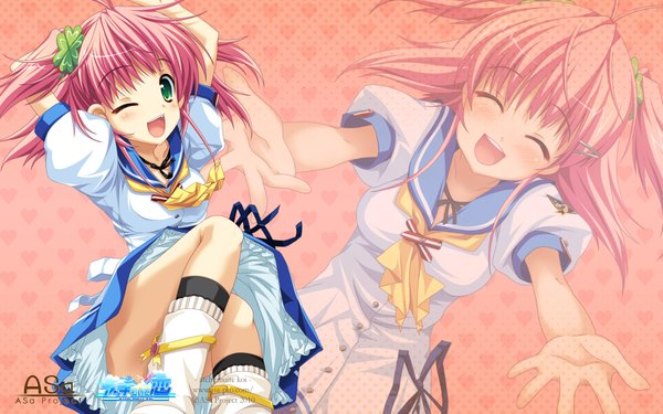 Anime picture 1920x1200 with asa project atchi muite koi (game) highres wide image green eyes pink hair eyes closed one eye closed wink zoom layer girl serafuku