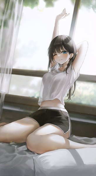Anime picture 2234x4096 with original solcha single long hair tall image looking at viewer blush fringe highres breasts blue eyes black hair hair between eyes sitting indoors one eye closed arms up short sleeves midriff dutch angle