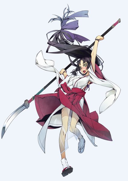 Anime picture 1447x2046 with original murakami suigun single long hair tall image blush open mouth black hair simple background white background traditional clothes japanese clothes black eyes girl weapon naginata