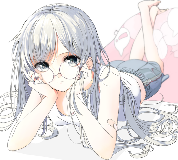 Anime picture 1110x1000 with original aspara single long hair looking at viewer breasts simple background white background white hair lying barefoot bare legs legs crossed legs on stomach head rest girl glasses shorts bandaid