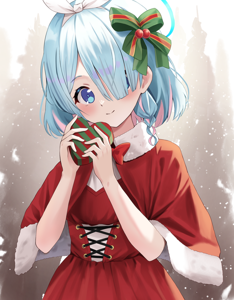 Anime picture 2900x3712 with blue archive arona (blue archive) naze236 single tall image looking at viewer blush fringe highres short hair blue eyes blue hair upper body braid (braids) head tilt hair over one eye christmas side braid girl ribbon (ribbons)