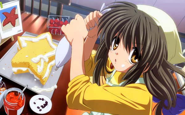 Anime picture 1920x1200 with clannad key (studio) ibuki fuuko ikeda kazumi single long hair looking at viewer fringe highres open mouth brown hair wide image brown eyes wallpaper cropped cooking girl food sweets book (books)