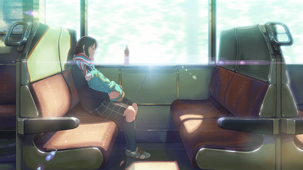 Anime picture 1920x1080 with original isai shizuka single long hair fringe highres brown hair wide image sitting holding eyes closed long sleeves profile sunlight lens flare plaid skirt striped sleeping sunbeam plaid