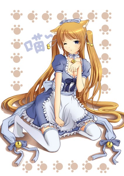 Anime picture 1018x1440 with original jeffery (backam) single tall image blue eyes blonde hair twintails animal ears very long hair one eye closed wink cat ears cat girl girl thighhighs dress bow hair bow white thighhighs bell