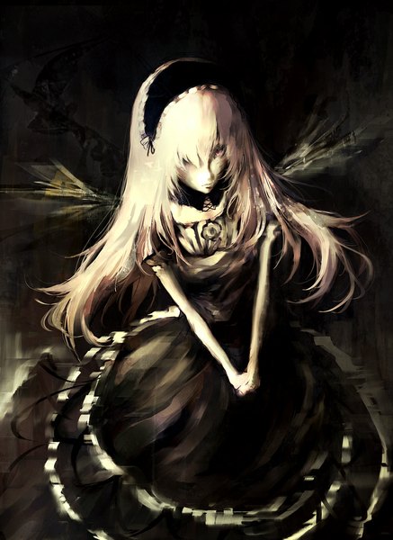 Anime picture 750x1028 with rozen maiden suigintou iori (yakata-bako) single long hair tall image looking at viewer fringe purple eyes silver hair from above hair over one eye girl dress hair ornament ribbon (ribbons) hair ribbon wings headdress black dress
