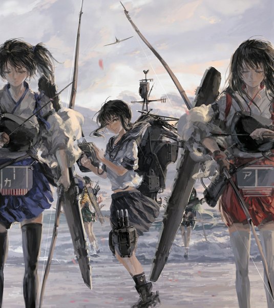 Anime picture 900x1008 with kantai collection kaga aircraft carrier akagi aircraft carrier fubuki destroyer souryuu aircraft carrier hiryuu aircraft carrier stu dts long hair tall image looking at viewer black hair smile brown hair multiple girls brown eyes eyes closed traditional clothes japanese clothes pleated skirt side ponytail