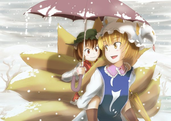 Anime picture 1500x1066 with touhou tagme (character) yakumo ran chen short hair blonde hair brown hair multiple girls animal ears fox tail snowing winter snow multiple tails carrying girl 2 girls umbrella child (children)