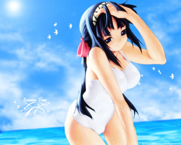 Anime picture 1280x1024 with tasogare kuwashima takako kawata hisashi single long hair fringe black hair smile standing bare shoulders payot sky cloud (clouds) arm up black eyes inscription bare legs leaning wallpaper partially submerged