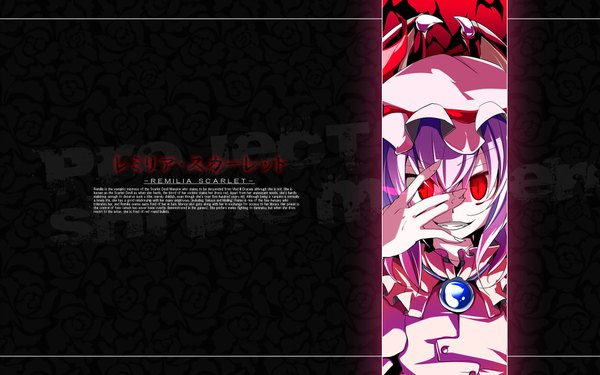 Anime picture 1920x1200 with touhou remilia scarlet single looking at viewer highres short hair smile red eyes wide image purple hair fingernails wallpaper character names grin text slit pupils english sharp fingernails girl hat