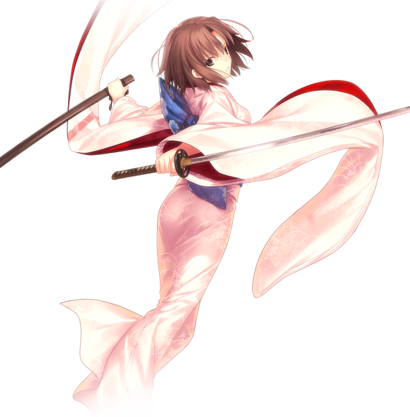 Anime picture 1380x1403 with kara no kyoukai type-moon ryougi shiki takeuchi takashi single tall image looking at viewer short hair brown hair traditional clothes japanese clothes looking back official art grey eyes floral print transparent background girl weapon sword katana