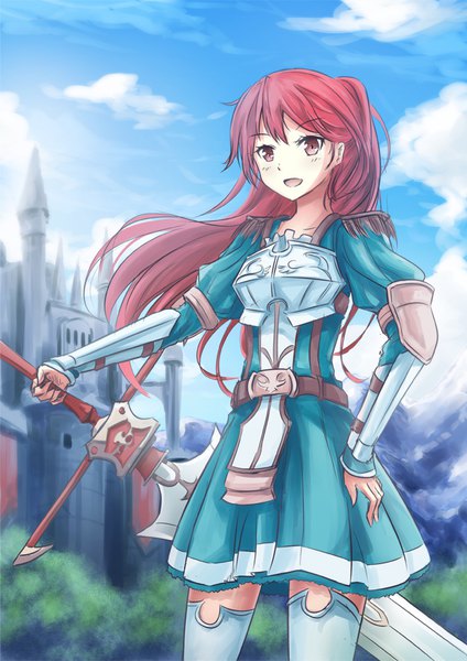 Anime picture 707x1000 with haken no kouki altina marie quatre argentina de belgaria asakurashinji single long hair tall image looking at viewer blush fringe open mouth smile hair between eyes red eyes holding sky cloud (clouds) red hair long sleeves wind mountain