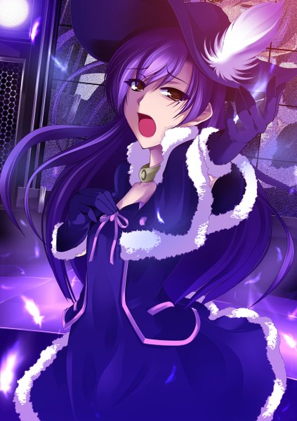 Anime picture 1748x2480 with idolmaster kisaragi chihaya kj (colors004) single long hair tall image highres open mouth brown eyes purple hair outstretched arm cute & girly (idolmaster) gothic princess (idolmaster) girl dress gloves hat feather (feathers)