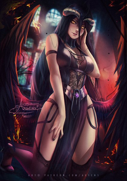 Anime picture 848x1200 with overlord (maruyama) madhouse albedo (overlord) axsen single long hair tall image blush fringe breasts light erotic black hair hair between eyes large breasts signed yellow eyes cleavage full body parted lips horn (horns)