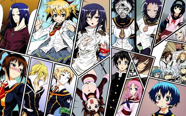 Anime picture 1920x1200 with medaka box gainax kurokami medaka hitoyoshi zenkichi hyuuga kikaijima mogana myouri unzen kouki akune hansode shiranui isahaya moji nekomi nabeshima long hair blush highres short hair breasts open mouth light erotic black hair