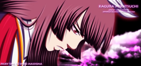 Anime picture 1000x471 with fairy tail mikazuchi kagura seireiart single long hair red eyes brown hair wide image sky cloud (clouds) profile inscription coloring sad girl