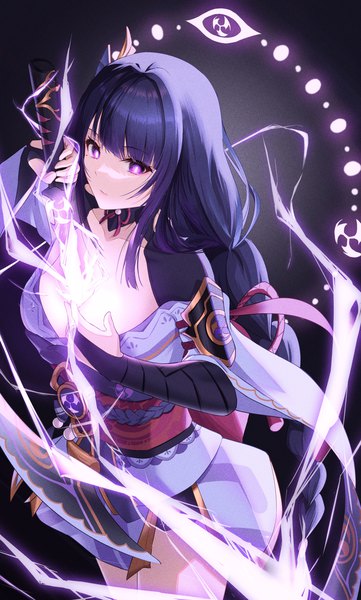 Anime picture 1932x3212 with genshin impact raiden shogun bakemonsou single tall image highres breasts light erotic large breasts purple eyes cleavage purple hair braid (braids) very long hair from above single braid electricity girl weapon sword