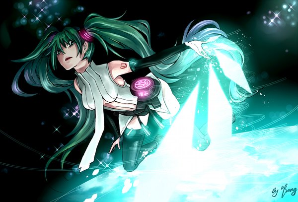 Anime picture 1000x679 with vocaloid vocaloid append hatsune miku hatsune miku (append) wang liang single open mouth twintails very long hair aqua eyes aqua hair black background light girl thighhighs skirt black thighhighs detached sleeves necktie