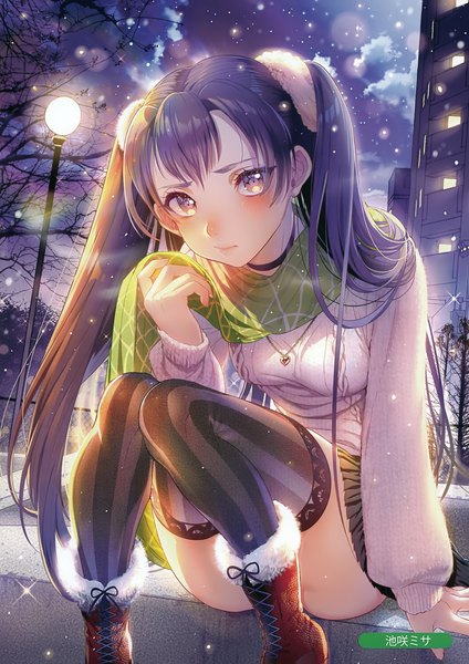 Anime picture 2473x3500 with melonbooks ikezaki misa single long hair tall image looking at viewer blush highres light erotic sitting twintails purple eyes purple hair outdoors scan night arm support sparkle snowing winter