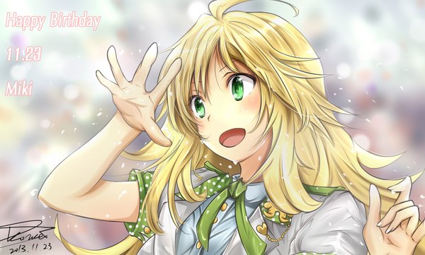 Anime picture 1838x1108 with idolmaster idolmaster shiny festa hoshii miki ko-wei single long hair highres open mouth blonde hair wide image green eyes signed looking away girl dress