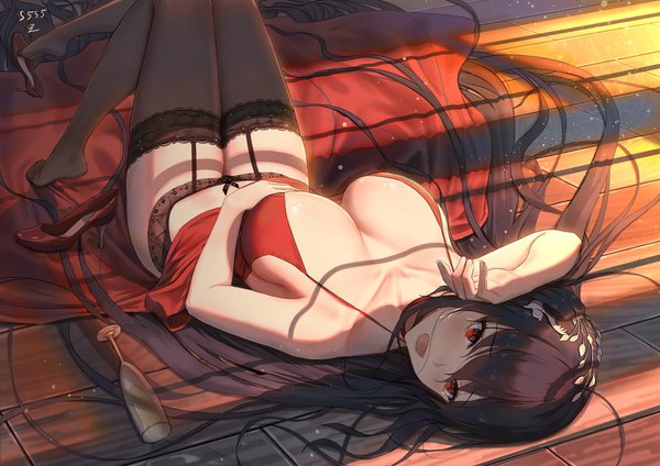 Anime picture 1527x1080 with azur lane taihou (azur lane) taihou (forbidden feast) (azur lane) 5555 96 single looking at viewer blush fringe breasts open mouth light erotic black hair hair between eyes red eyes large breasts signed cleavage full body indoors lying