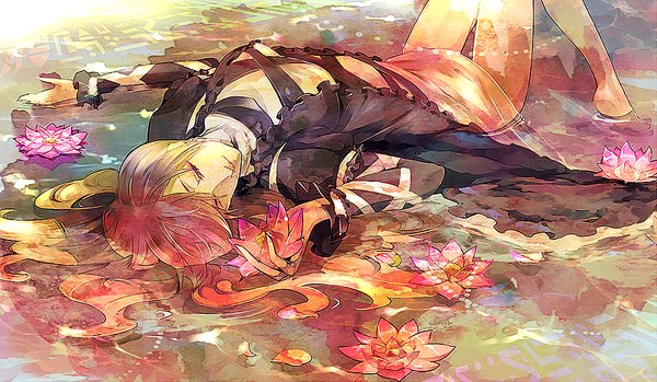 Anime picture 1074x625 with touhou hijiri byakuren morinaga single long hair blush wide image eyes closed long sleeves multicolored hair barefoot lips on back partially submerged gradient hair ophelia's pose girl flower (flowers) water cape