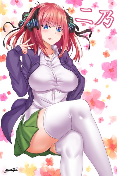 Anime picture 2400x3600 with go-toubun no hanayome nakano nino nez-kun (nezkunn) single tall image looking at viewer blush fringe highres short hair breasts blue eyes light erotic simple background large breasts white background sitting signed pink hair bent knee (knees)
