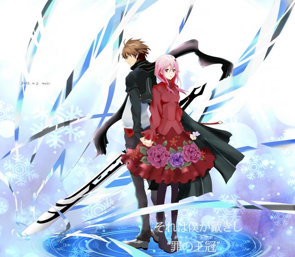 Anime picture 1800x1566 with guilty crown production i.g yuzuriha inori ouma shu yukilus long hair looking at viewer fringe highres short hair open mouth hair between eyes red eyes brown hair standing twintails holding brown eyes looking away pink hair