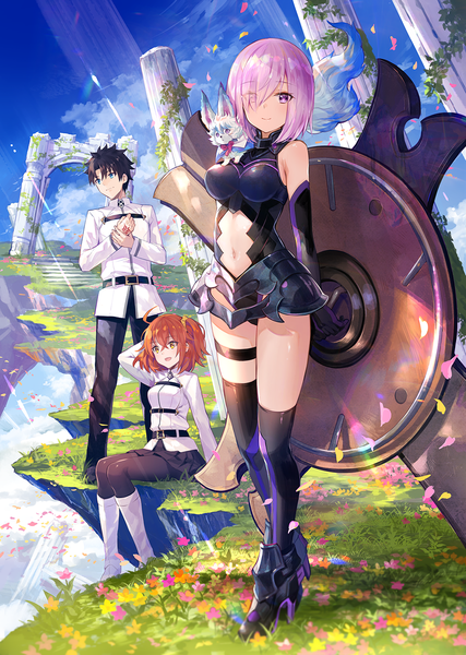 Anime picture 1067x1500 with fate (series) fate/grand order mash kyrielight fujimaru ritsuka (female) fou (fate) fujimaru ritsuka (male) fuzichoco tall image looking at viewer blush fringe short hair breasts open mouth blue eyes light erotic black hair hair between eyes standing sitting