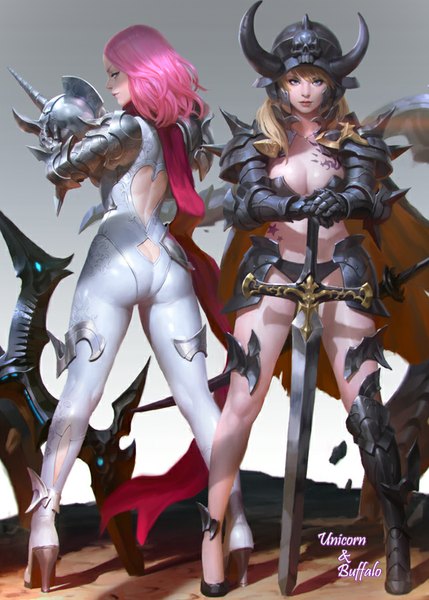 Anime picture 643x900 with kilart (artist) long hair tall image looking at viewer fringe short hair breasts light erotic simple background red eyes brown hair large breasts standing white background multiple girls holding pink hair looking back horn (horns) from behind