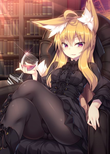 Anime picture 900x1259 with original roshin single long hair tall image looking at viewer fringe breasts light erotic blonde hair hair between eyes red eyes sitting holding animal ears ahoge indoors tail long sleeves animal tail